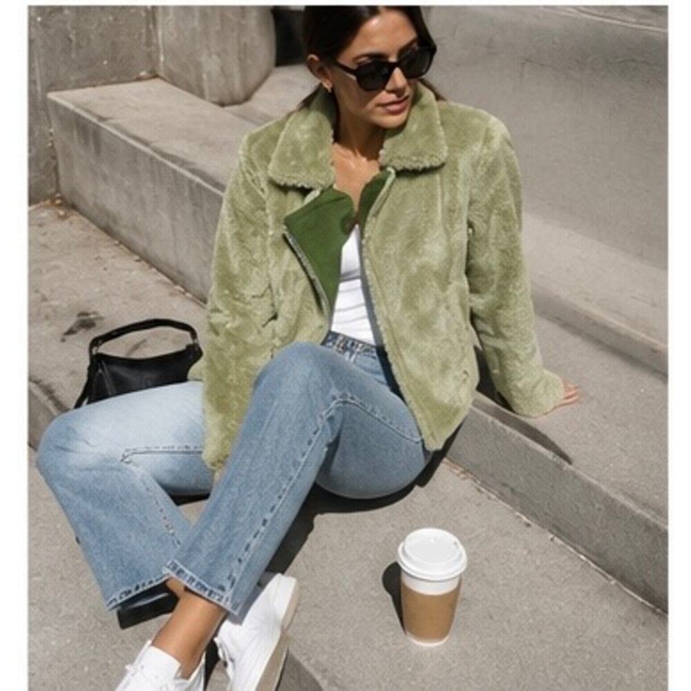 Sage Green Teddy Faux Fur Moto Jacket NWT French Designer Paul & Joe Sister US4 - Picture 2 of 10